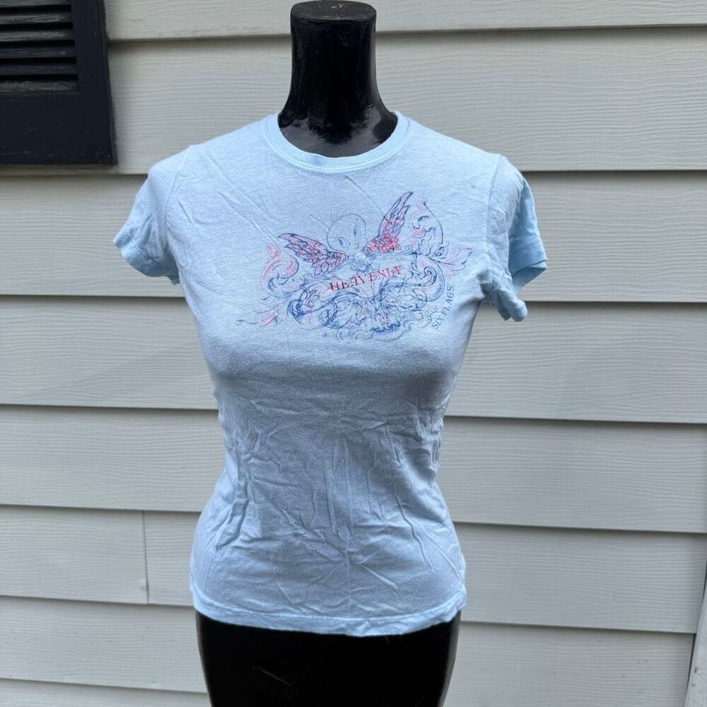 Y2K Six Flags Tweety Bird “Heavenly” Graphic Baby Tee Light Blue Women’s Small